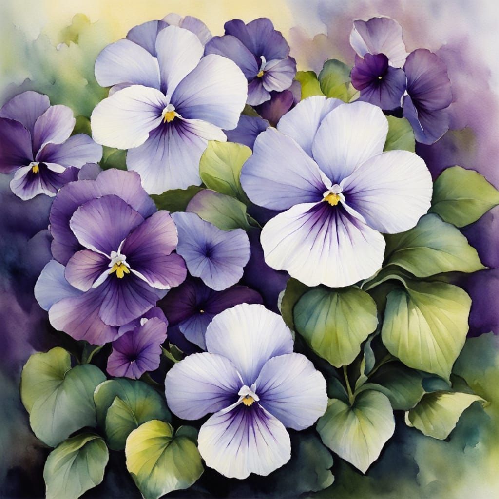 Watercolor Violets in a Garden
