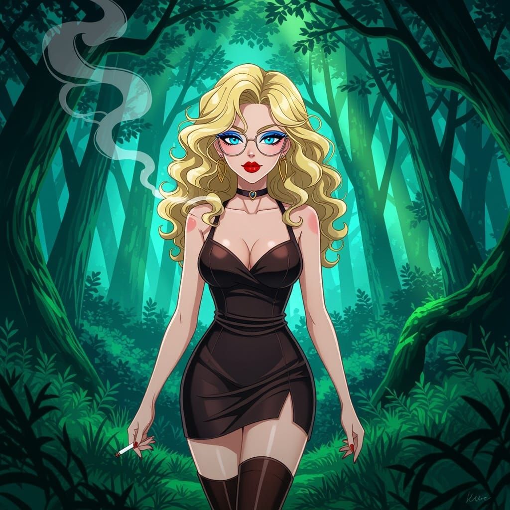 Anime Woman in Enchanted Forest with Cigarette