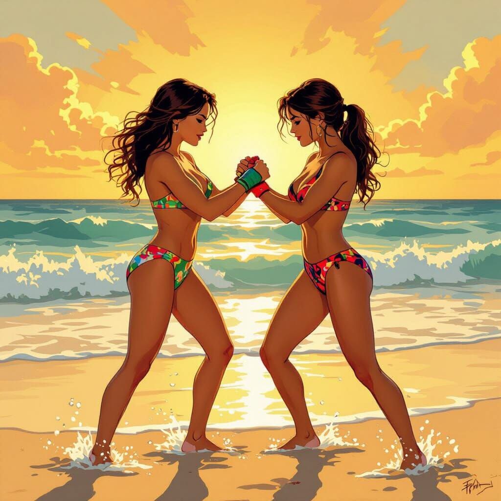 Women Wrestling on Beach in Vibrant Bikinis