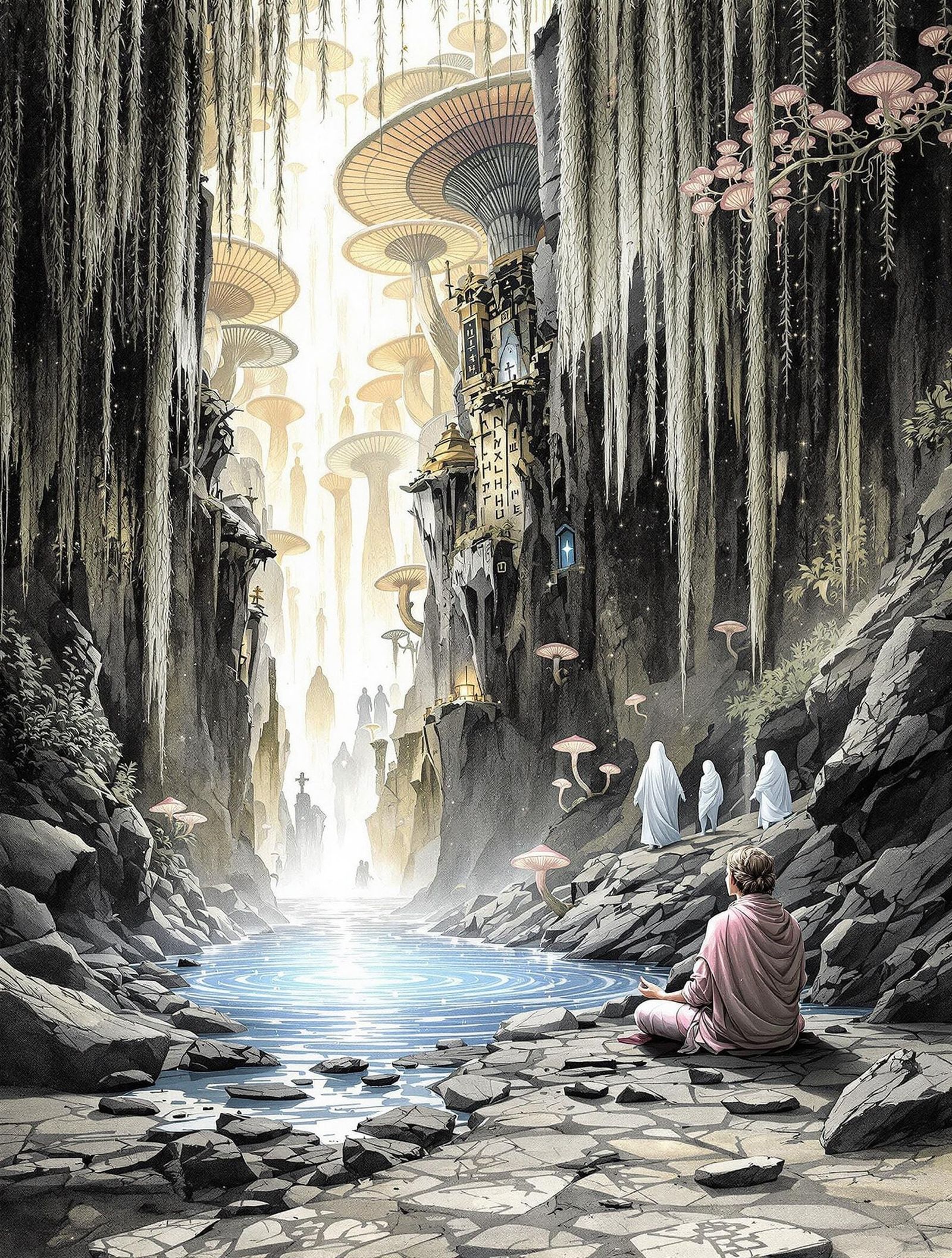 Enchanted Forest Sanctuary in Soft Glazed Ink Washes