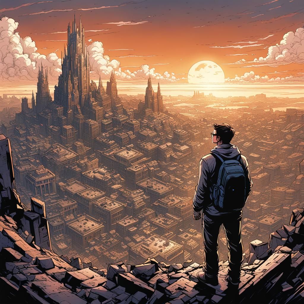 Man Overlooking Ruined City in Comic Book Art