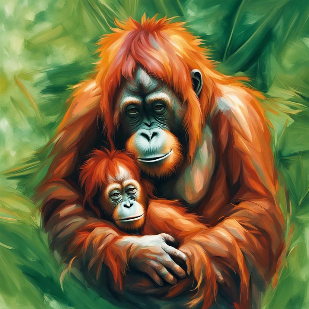 Orangutan Mother and Baby in Lush Rainforest