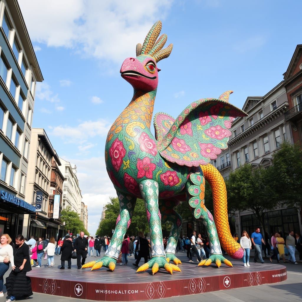 Whimsical Alebrije Sculpture in Cityscape
