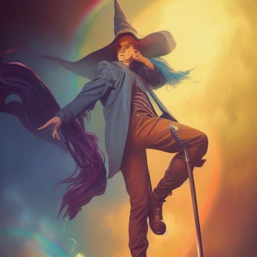 Handsome Male Witch Rides Broom in Hyperdetailed Splash Art