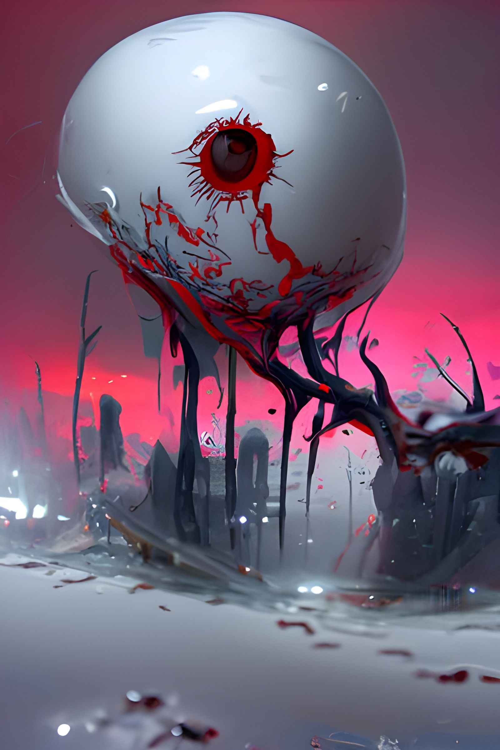 Creepy Bloodshot Eyeball in a Horror Landscape