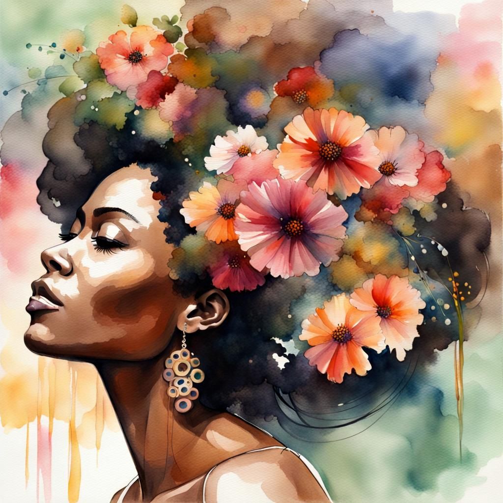 African American Woman with Floral Dress in Watercolor