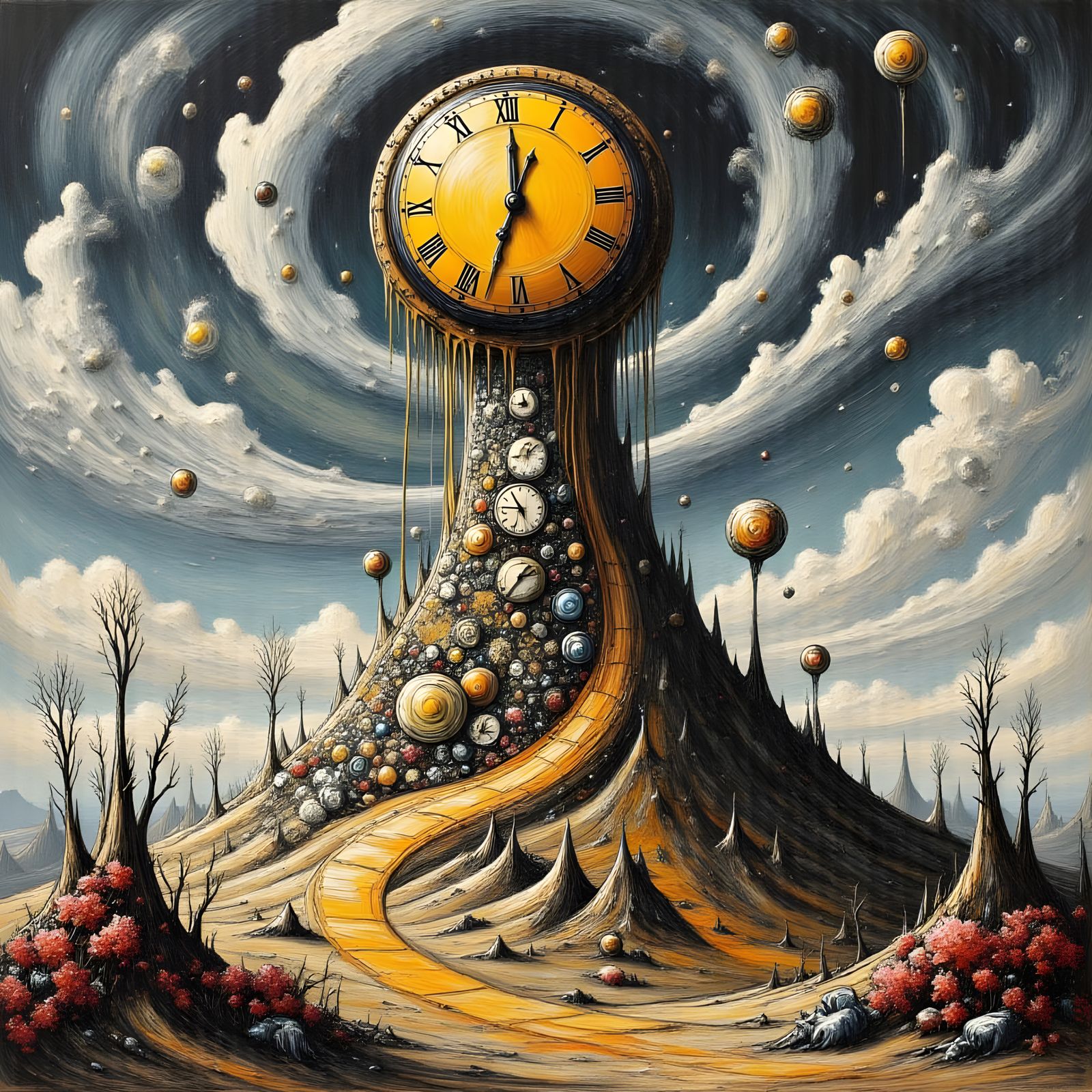 Surreal Dali-esque Landscape with Melting Clocks and Crystal...