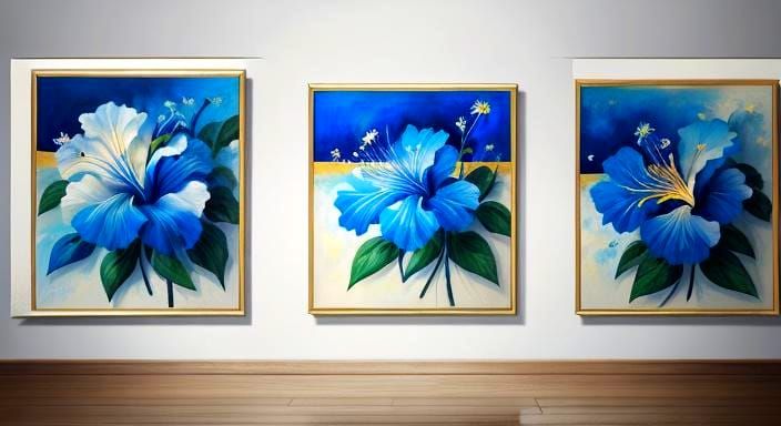 3D Blue and White Hibiscus Shadowbox Triptych