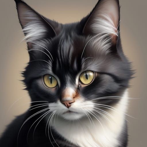 Longhaired Cat Portrait in Sumi-e Style