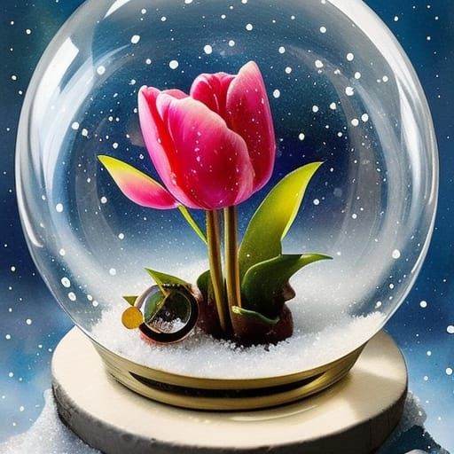 Tulip Trapped in Snow Globe: Gouache Watercolor Art