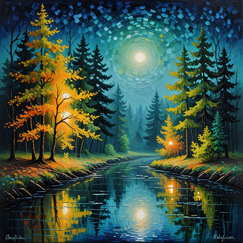 Dreamlike Neo-Impressionist Scene: Boundless Forest River at...