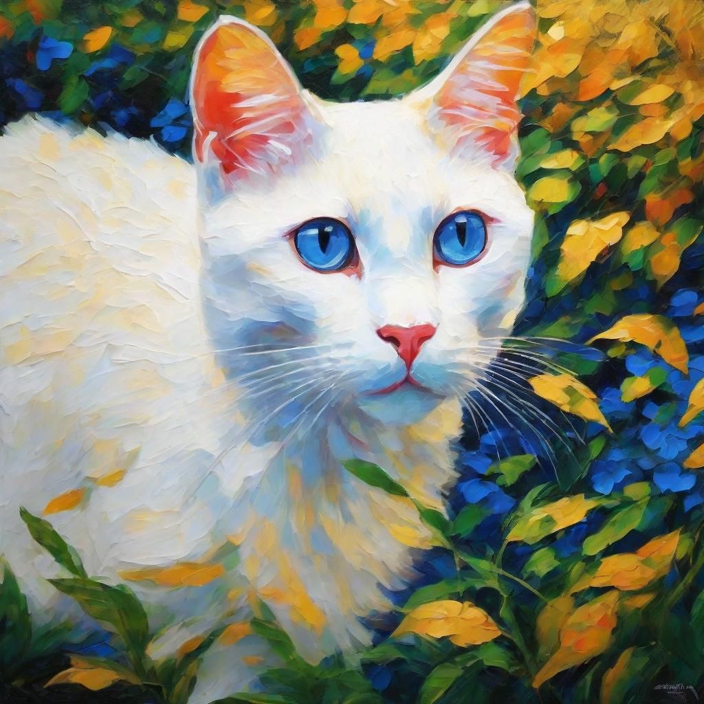 Whimsical White Cat in Lush Garden Landscape