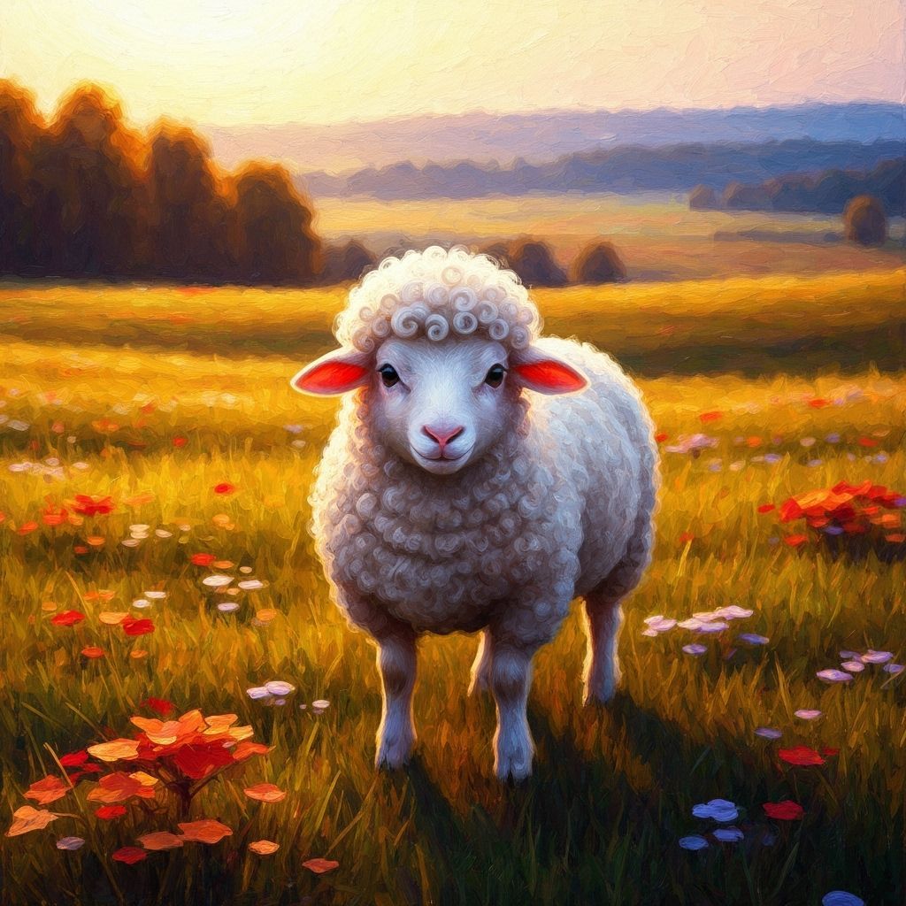 Fluffy Sheep in Autumn Field, Modern Impasto Art