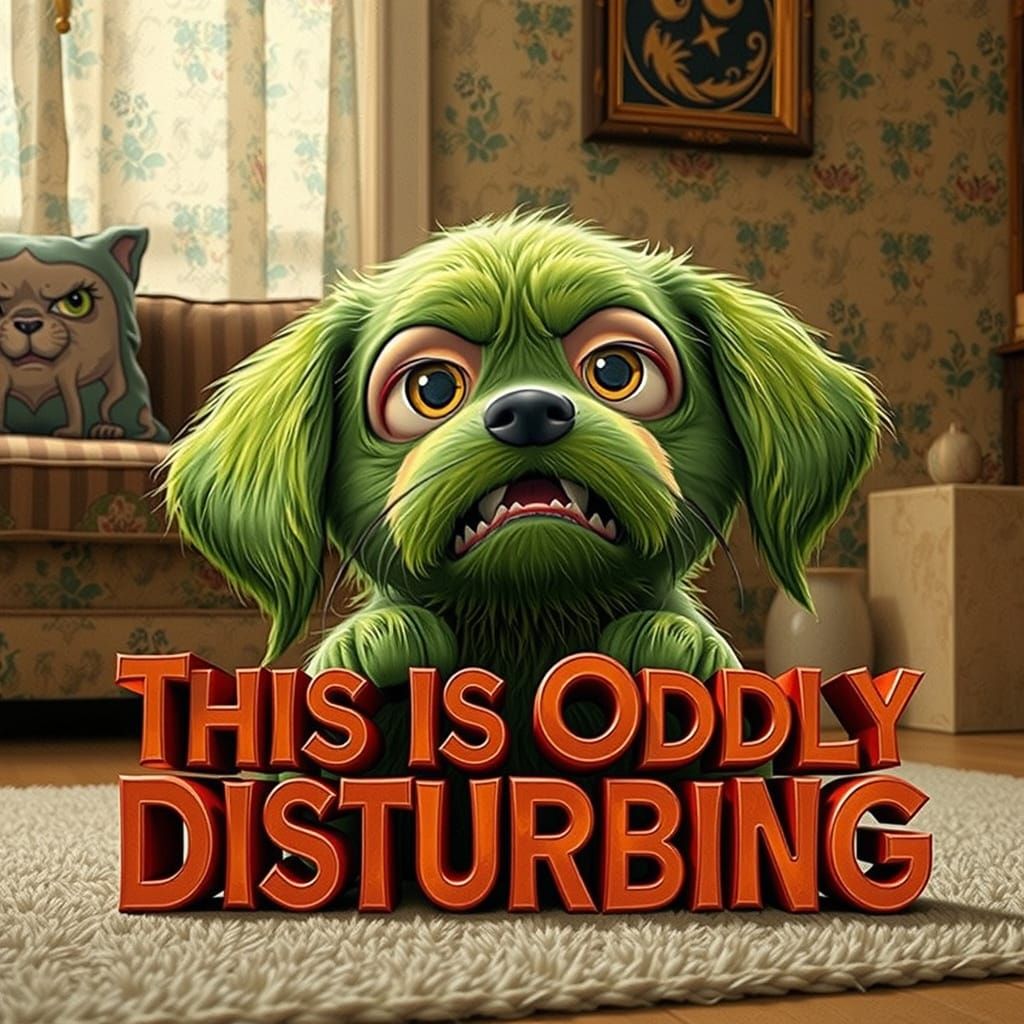 In a cozy living room setting bathed in warm, inviting light, a peculiar, green Pixar-style cartoon puppy sits with a wi...