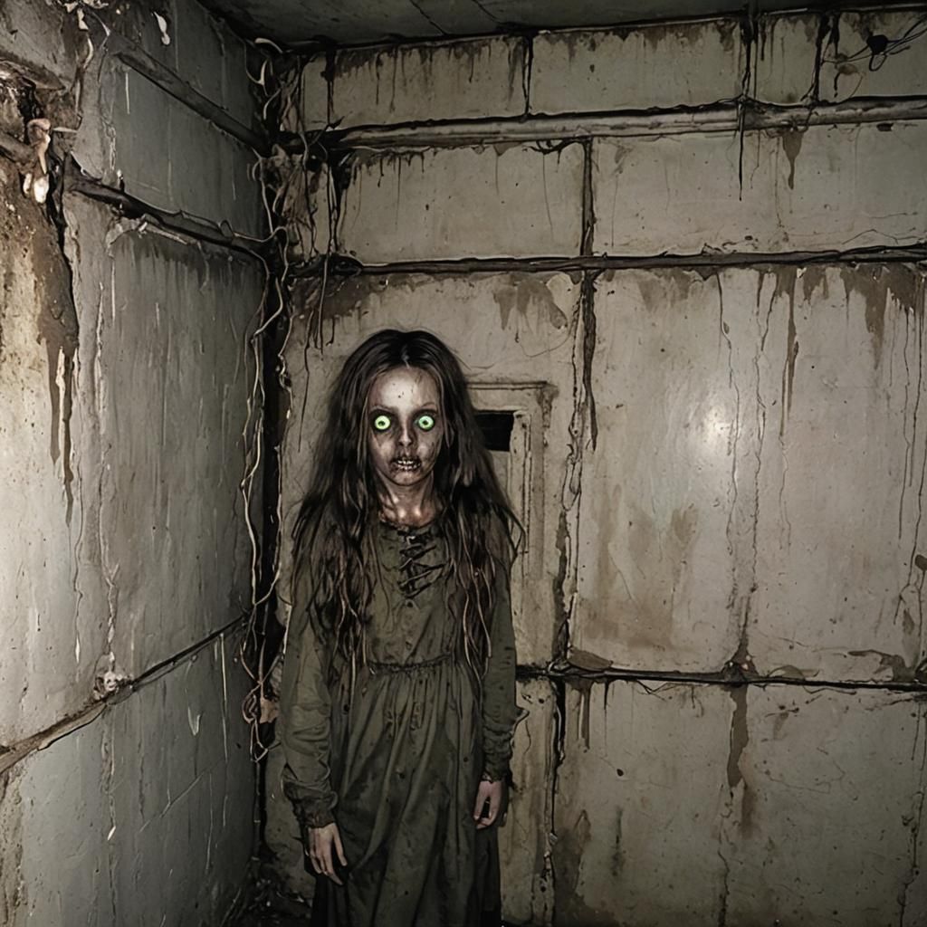 Unsettling Ghoulish Green Eyes in Dark Basement