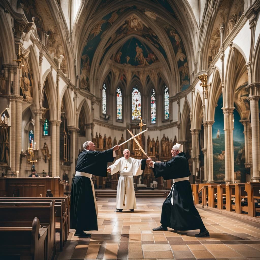 Priests Fight with Nunchucks in Church