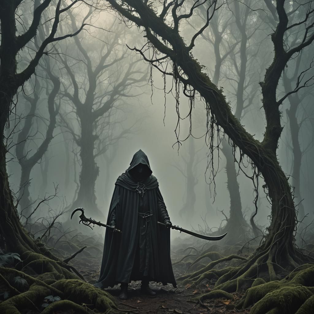 Mystical Scythe Wielder in Dark Fantasy Forest