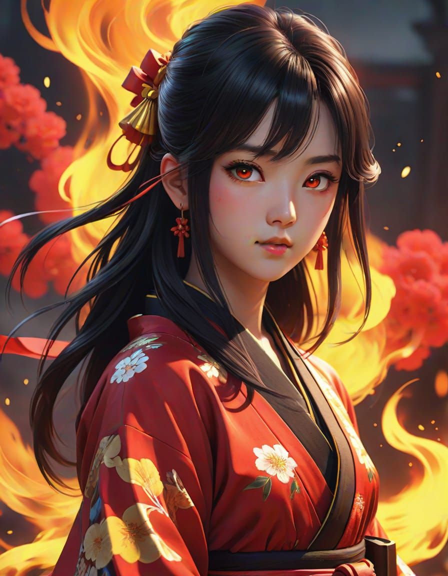 Anime Woman in Firelight: Detailed 3D Render