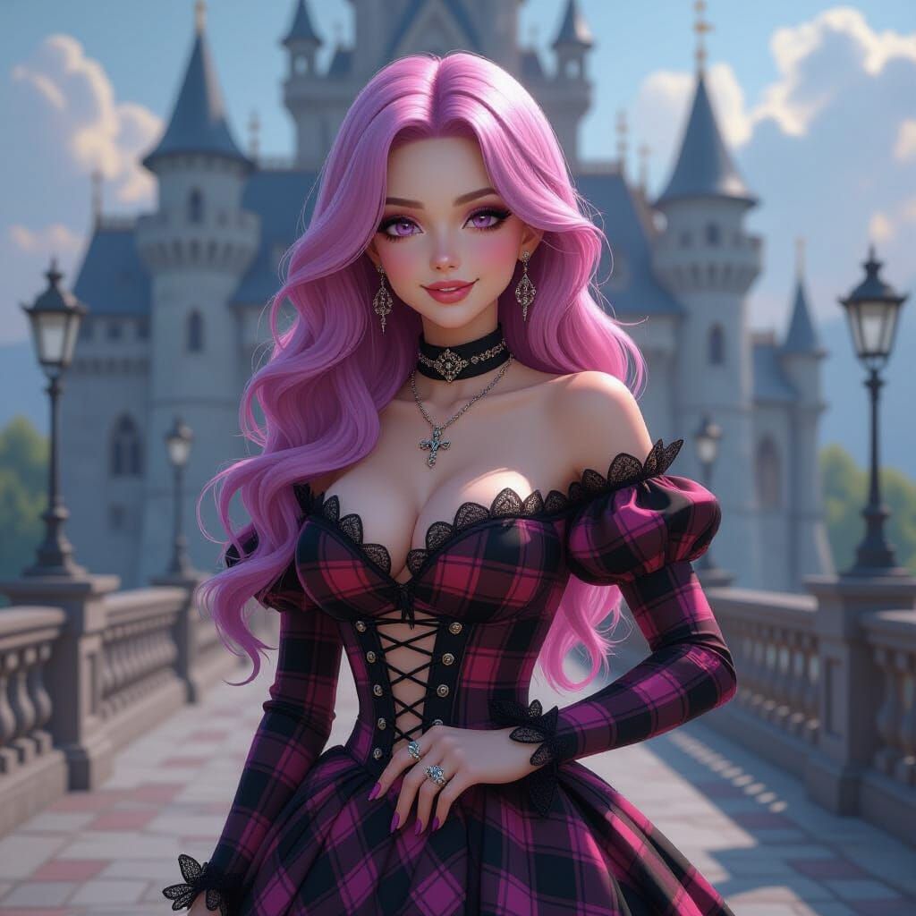 Gothic Castle Portrait of Pink Haired Woman