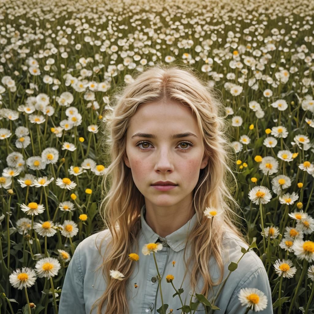 Blonde Woman in Dandelion Field: Golden Hour Portrait