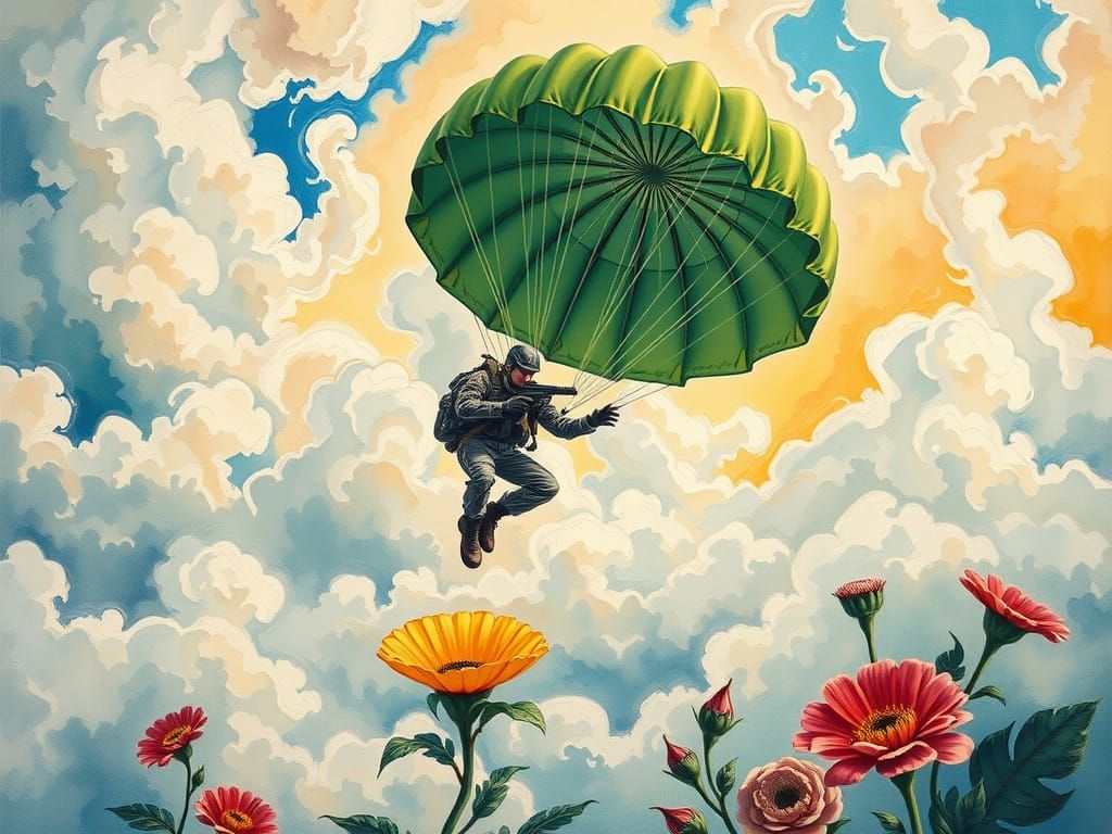 Paratrooper Lands on Flower in Surreal Impasto Painting