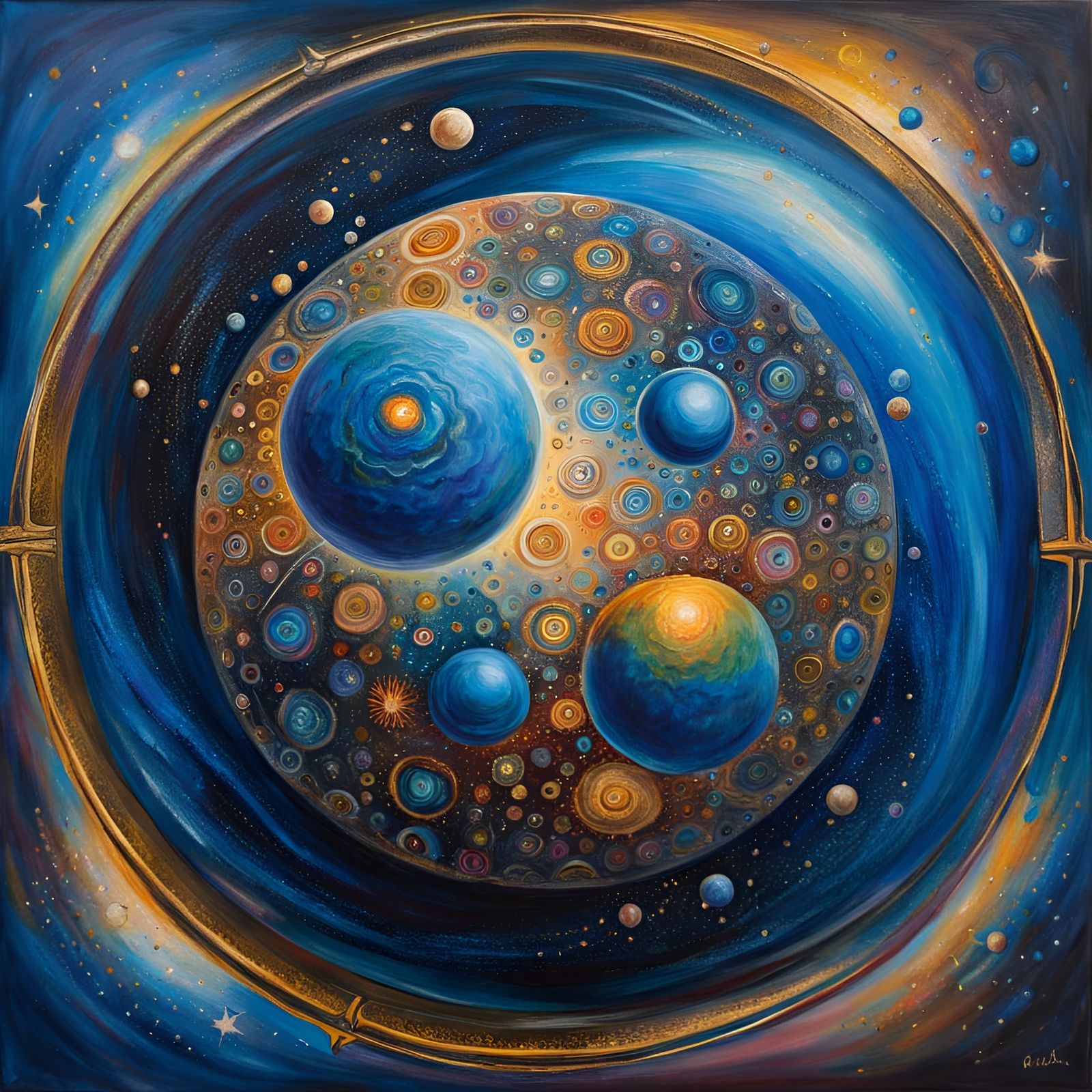 Blue Sphere in Galactic Mandala: Impasto Oil Painting