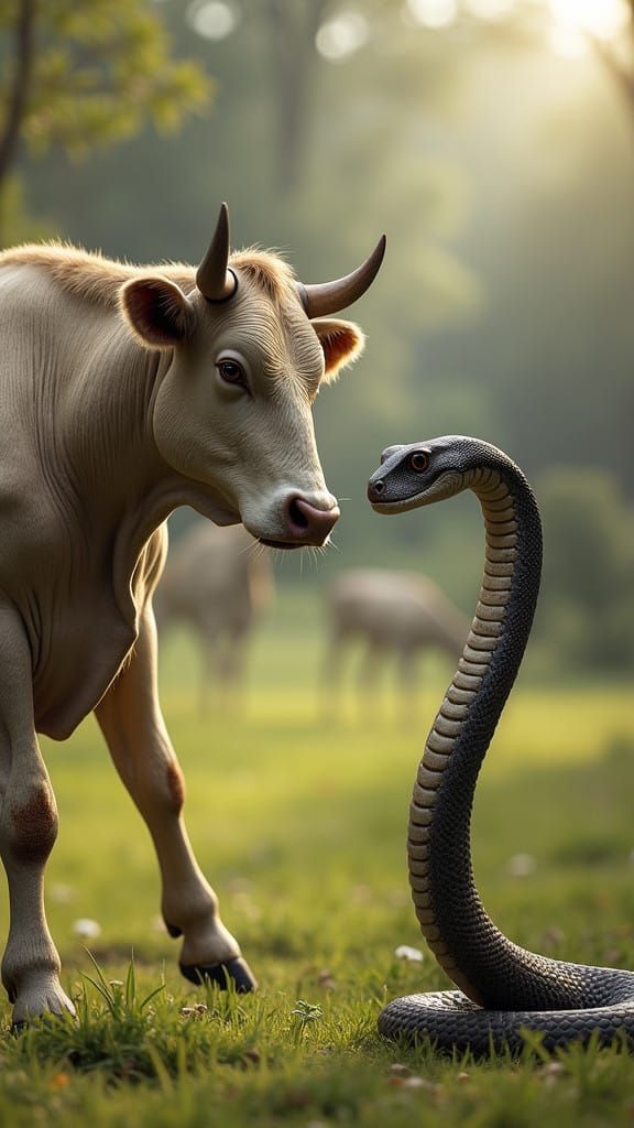 Realistic Cow and Sneek Face-Off in a Vibrant Countryside Sc...