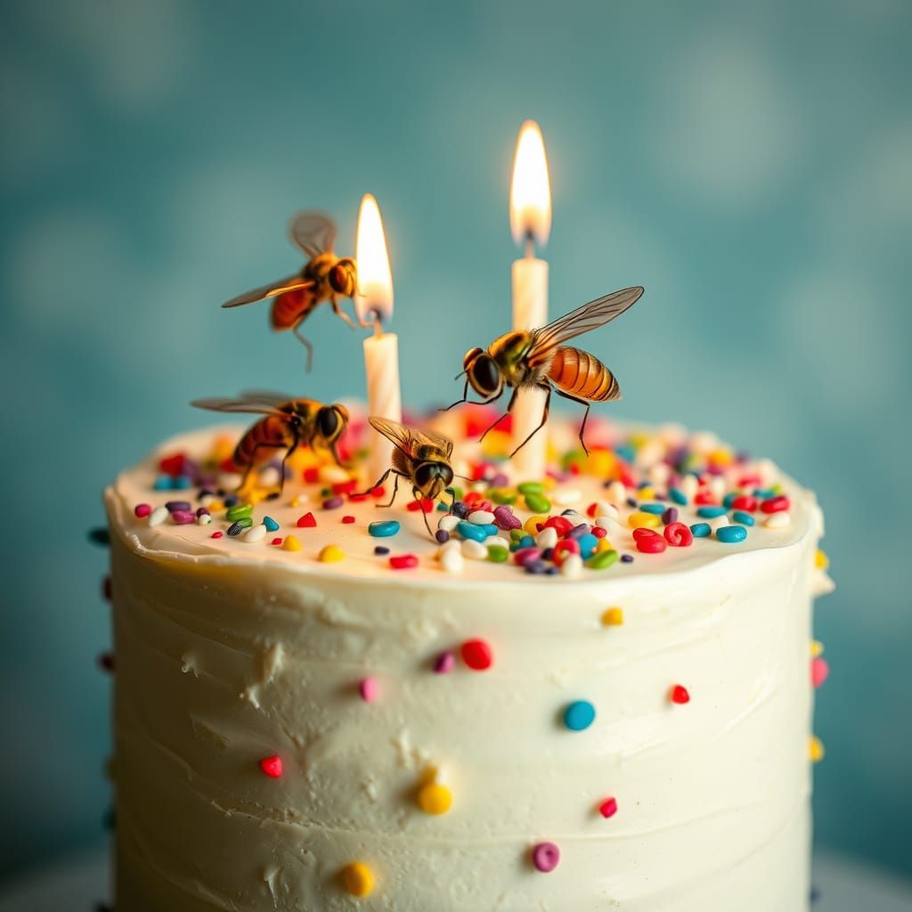Dancing Flies Celebrate on Birthday Cake