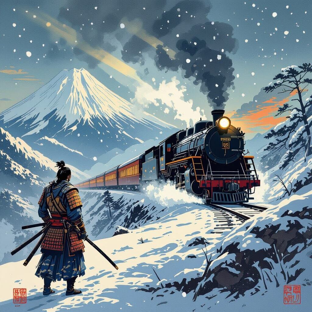 Samurai Warrior Gazes at Steam Train in Ukiyo-e Style