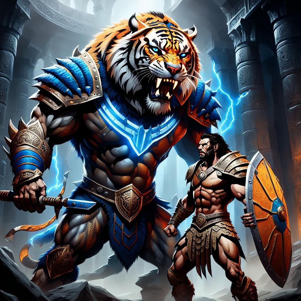 Gladiator Battles Electric Blue Saber Tooth Tiger in Dark Ar...