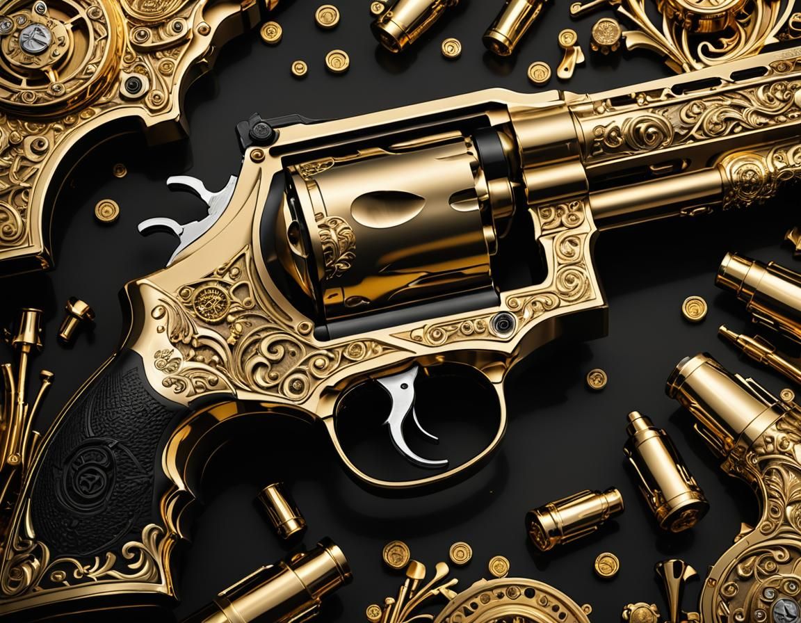 Highly detailed digital art. Smith & Wesson 357 with intricate liquid gold details. photography. High-contrast lighting ...
