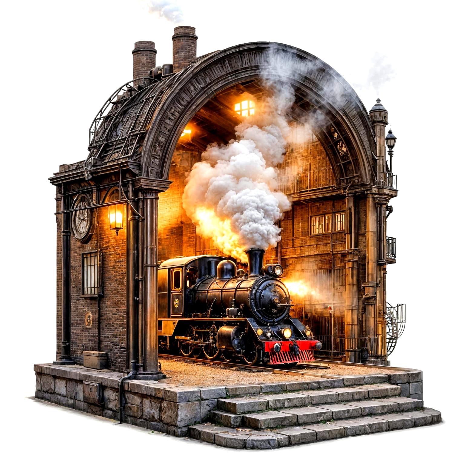 A steam locomotive puffing white smoke as it emerges from an...