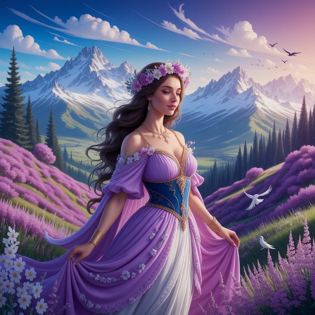 Divine Queen with Flower Crown in Enchanted Spring Realm
