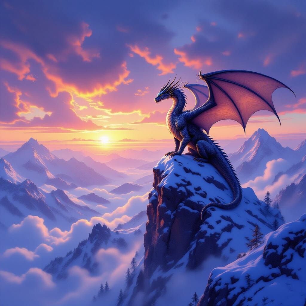 Majestic Dragon on Snowy Peak at Dawn