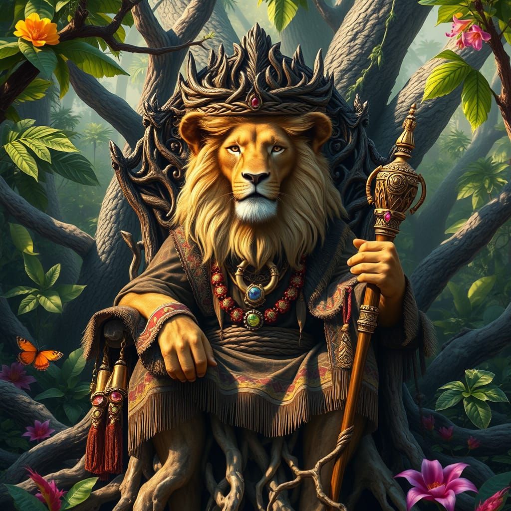 Lion Elder on Jungle Throne in Hyperrealistic Style