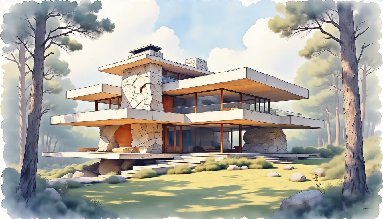 Sculptural House Design in Mixed Media Rendering