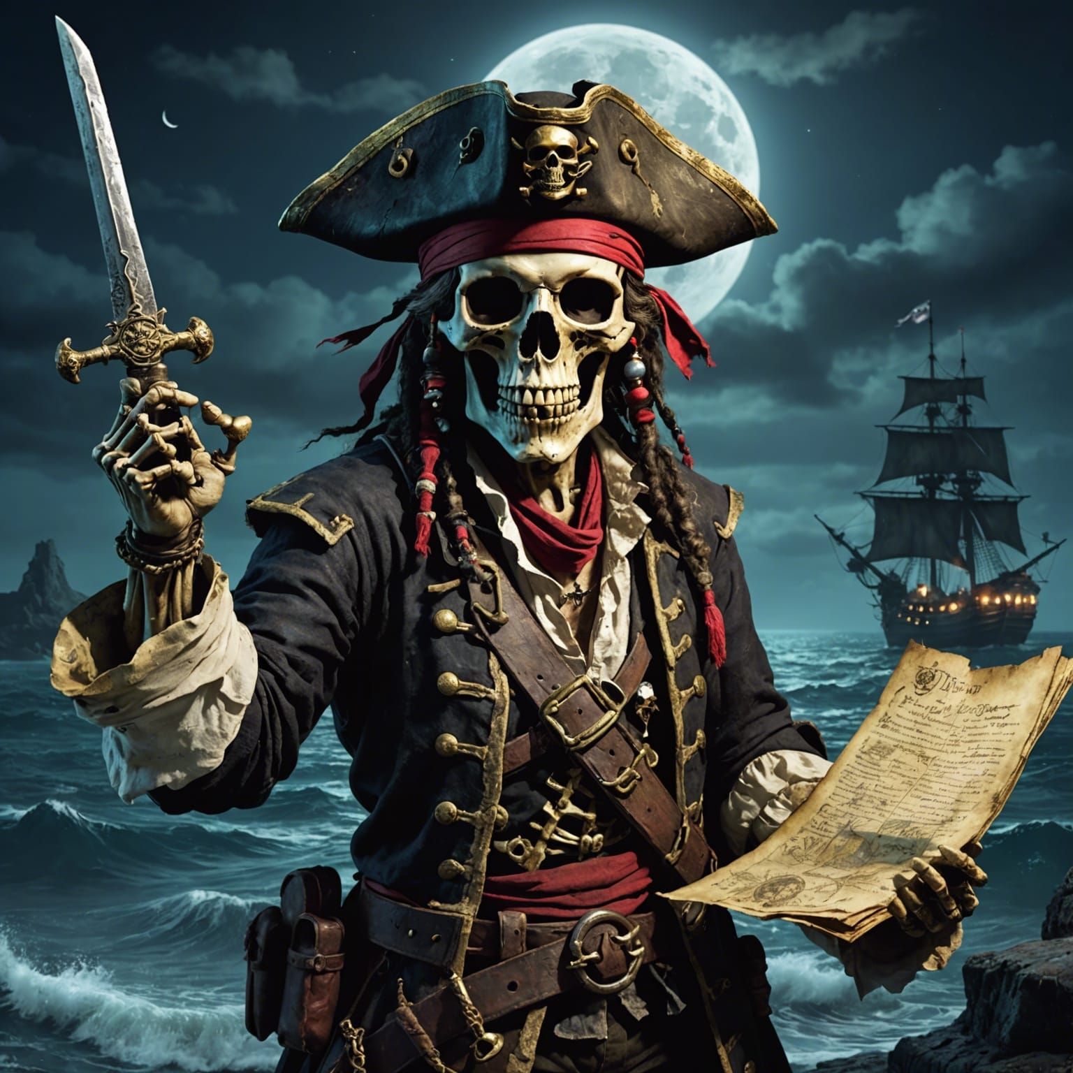Pirate Skeleton with Treasure Map on Moonlit Ocean