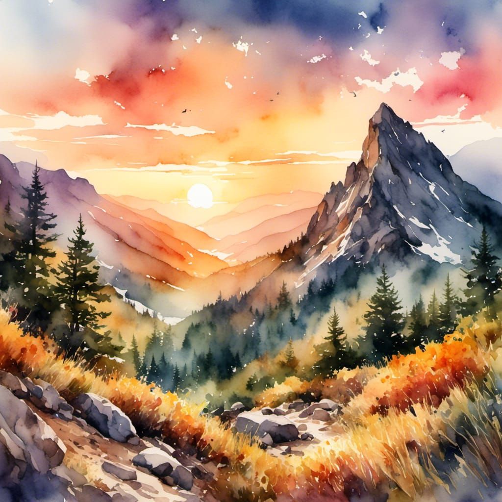 Mountain Sunrise in Digital Watercolor Style