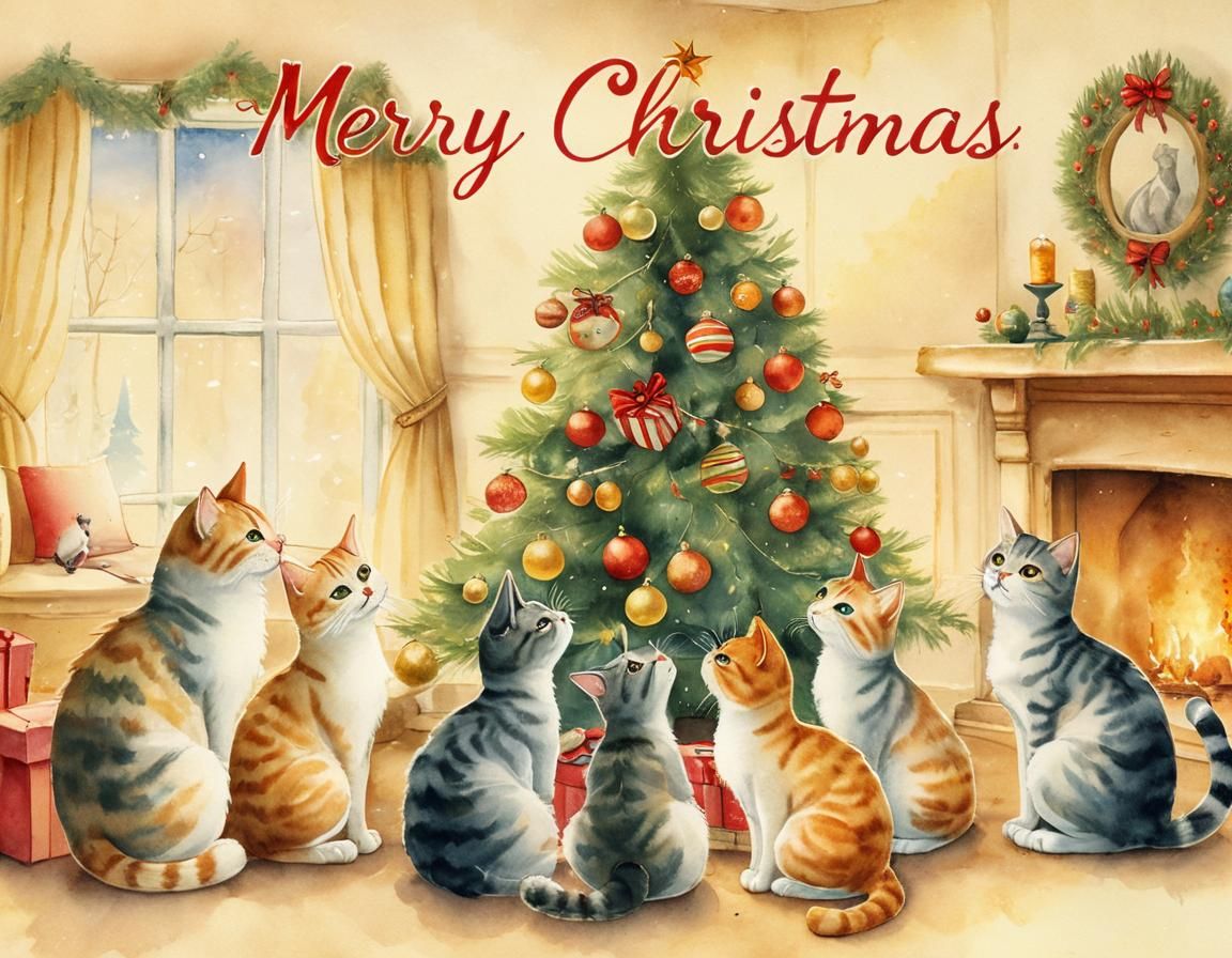 Cats Celebrate Christmas: Whimsical Watercolor Illustration