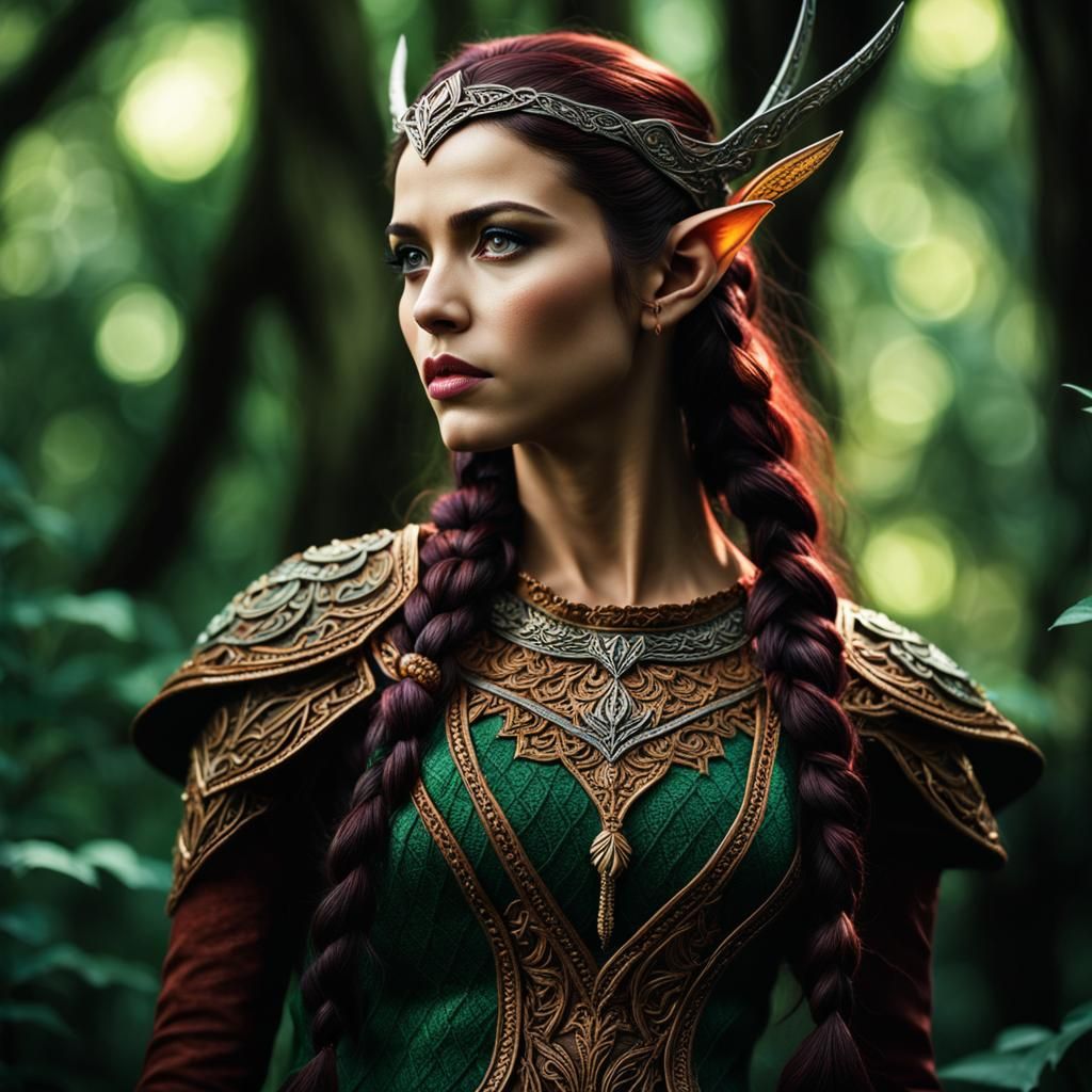 Beautiful Wood Elf in Hyperrealistic Forest Clearing