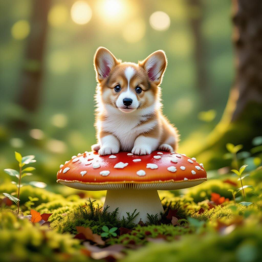 Adorable Corgi Puppy on a Vibrant Mushroom