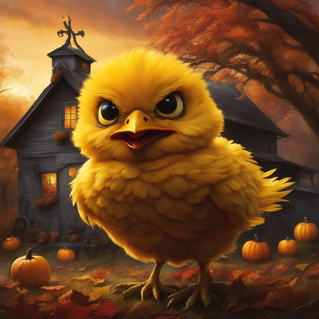 Angry Anthropomorphic Chick at Farmhouse in Burton Style