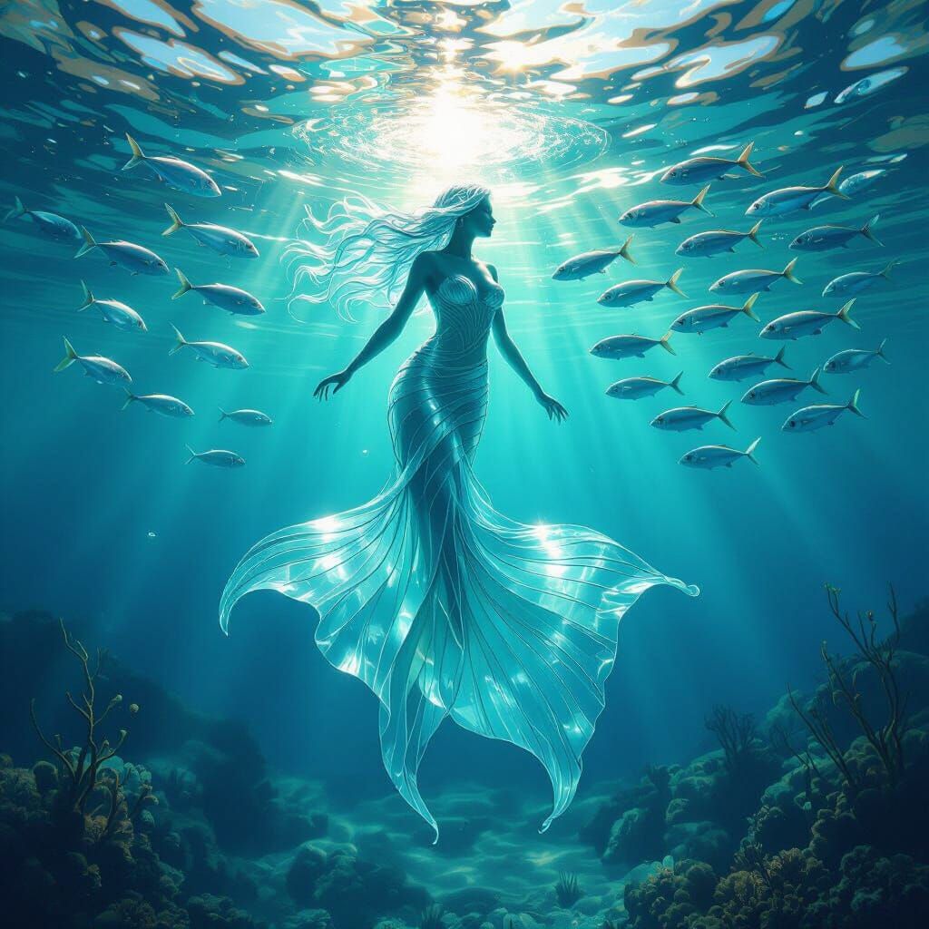 Ethereal Glass Siren Sinks to Ocean Floor with Fish