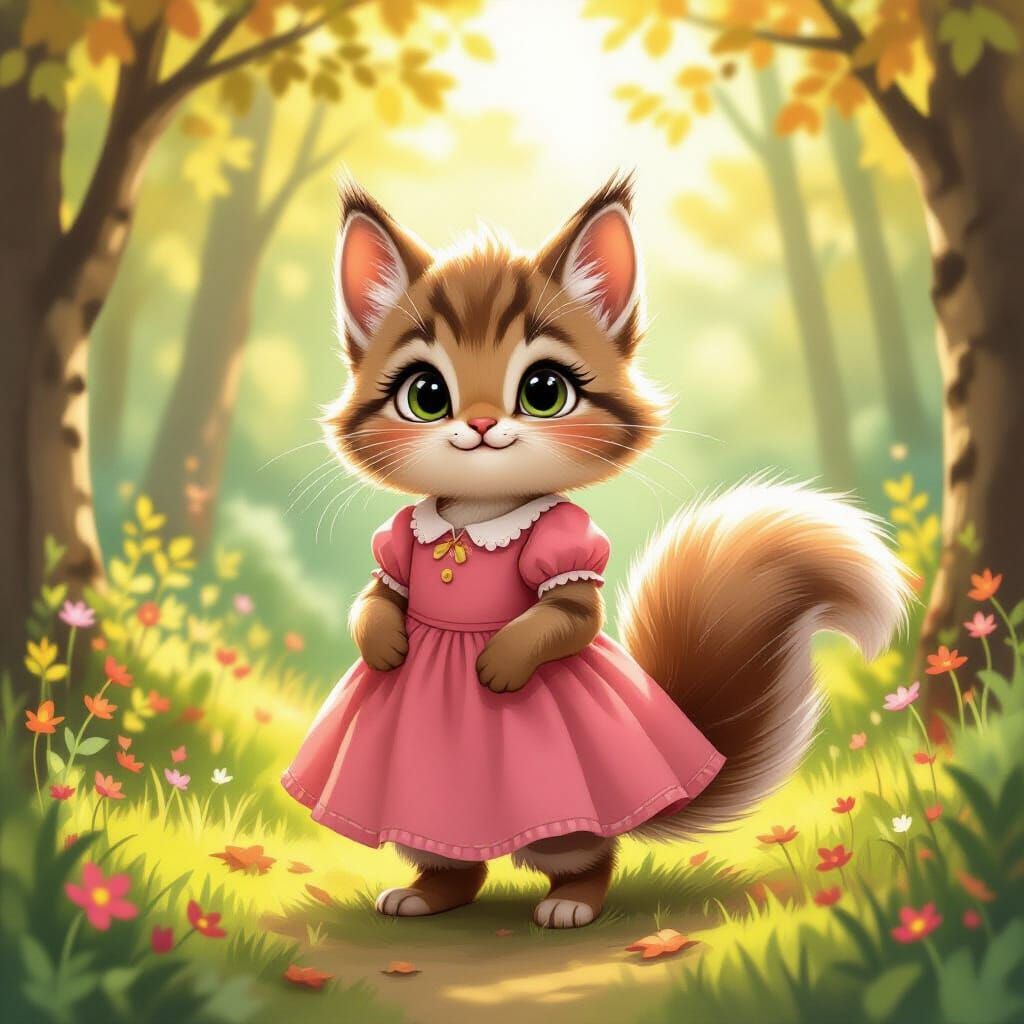 Cute Kitten-Squirrel Nymph in Sunlit Forest Clearing
