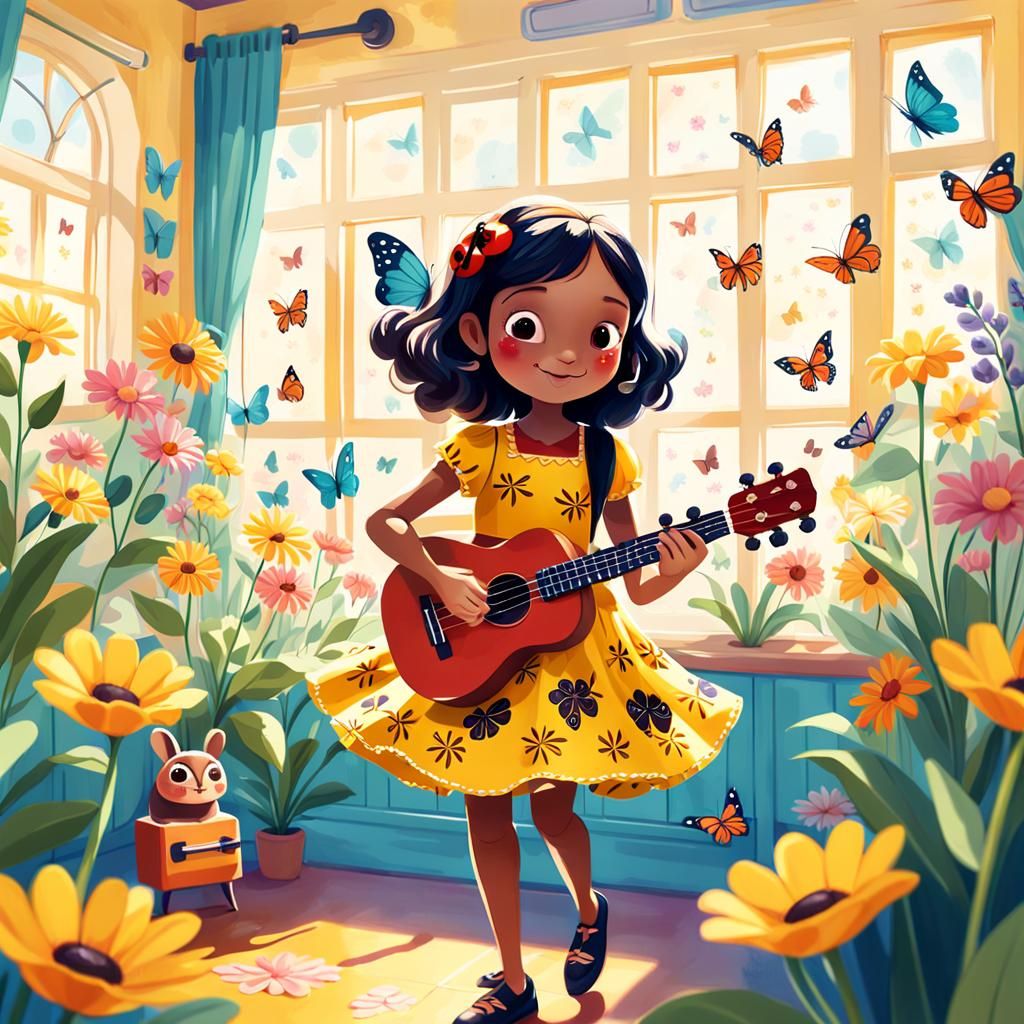 Ladybug Girl's Ukulele Performance: Whimsical Digital Art