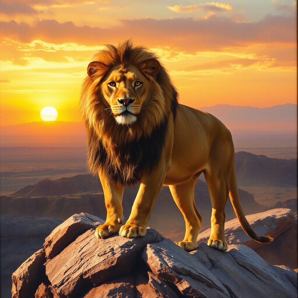 Fiery Maned Lion Overlooking Desert Sunset