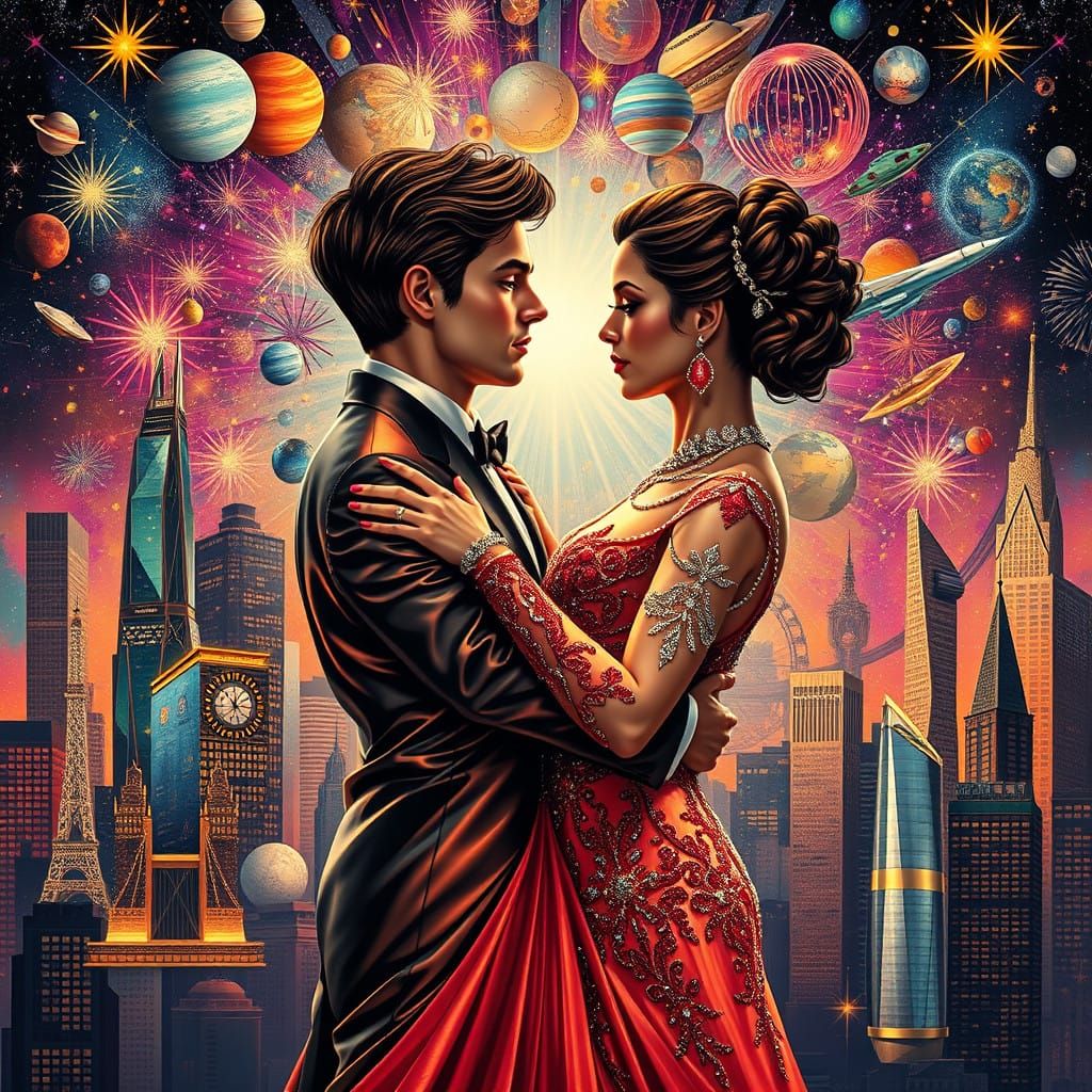 Retrofuturistic Ballroom Dancing Couple in Kaleidoscopic Col...