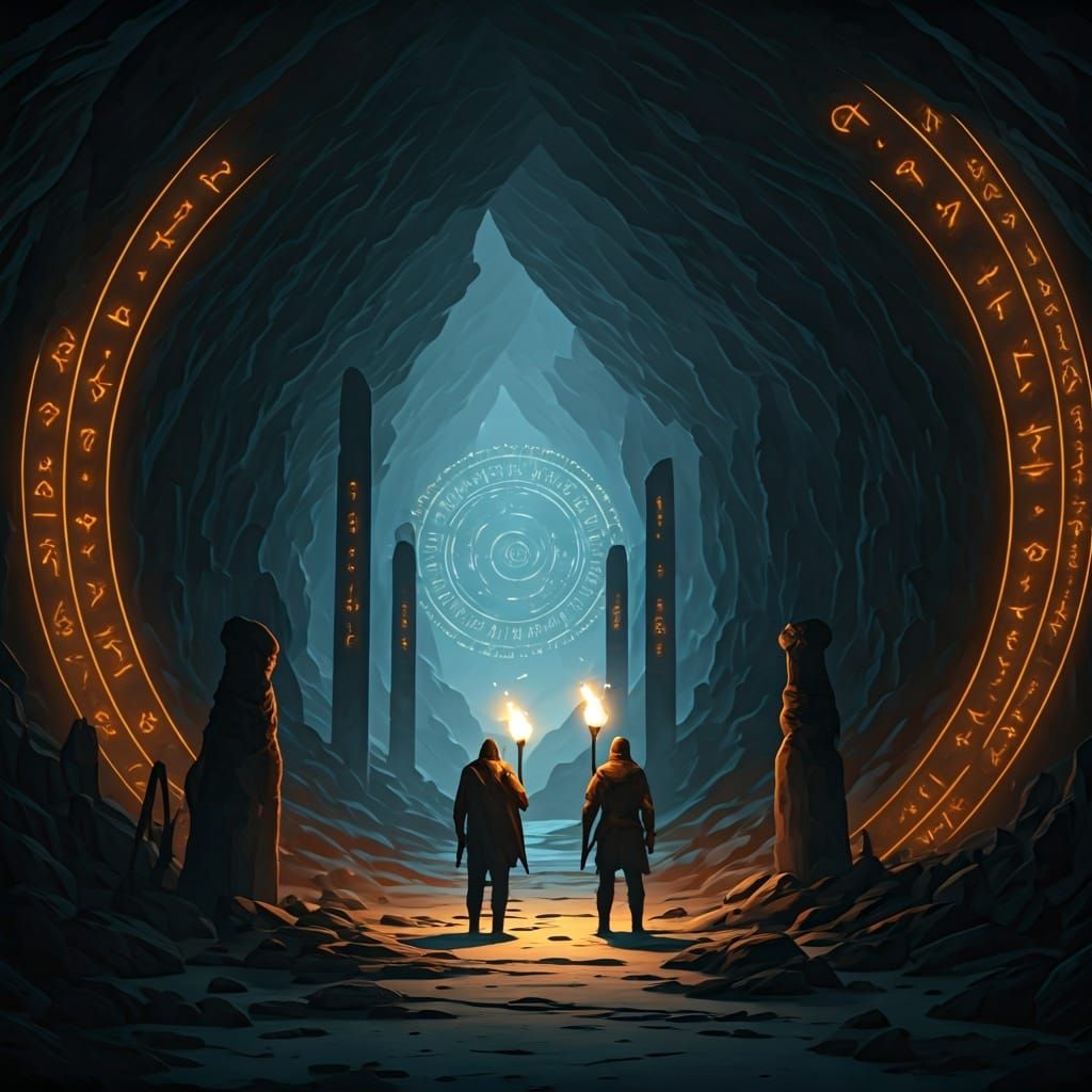 Runic Cave Explorers with Torches and Glowing Symbols