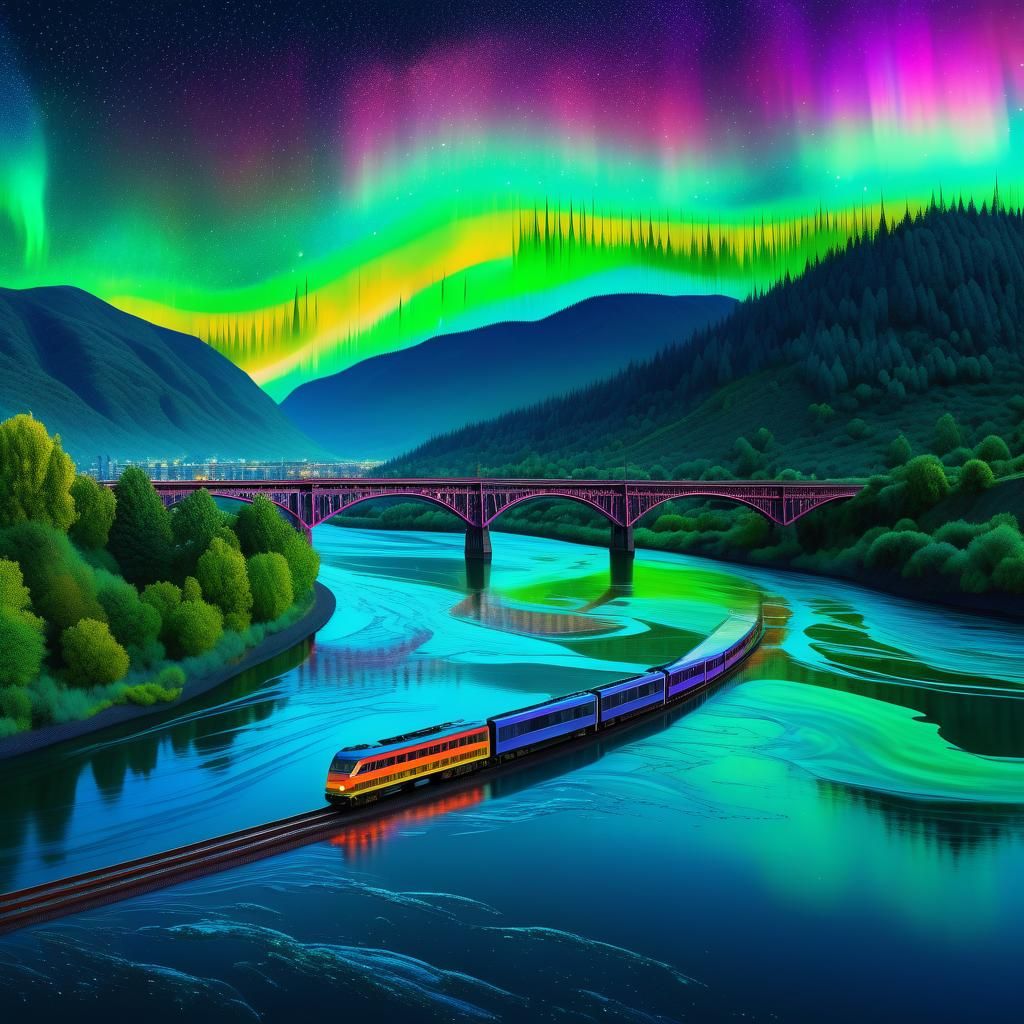 Cosmic Columbia River Illustration with Aurora Borealis