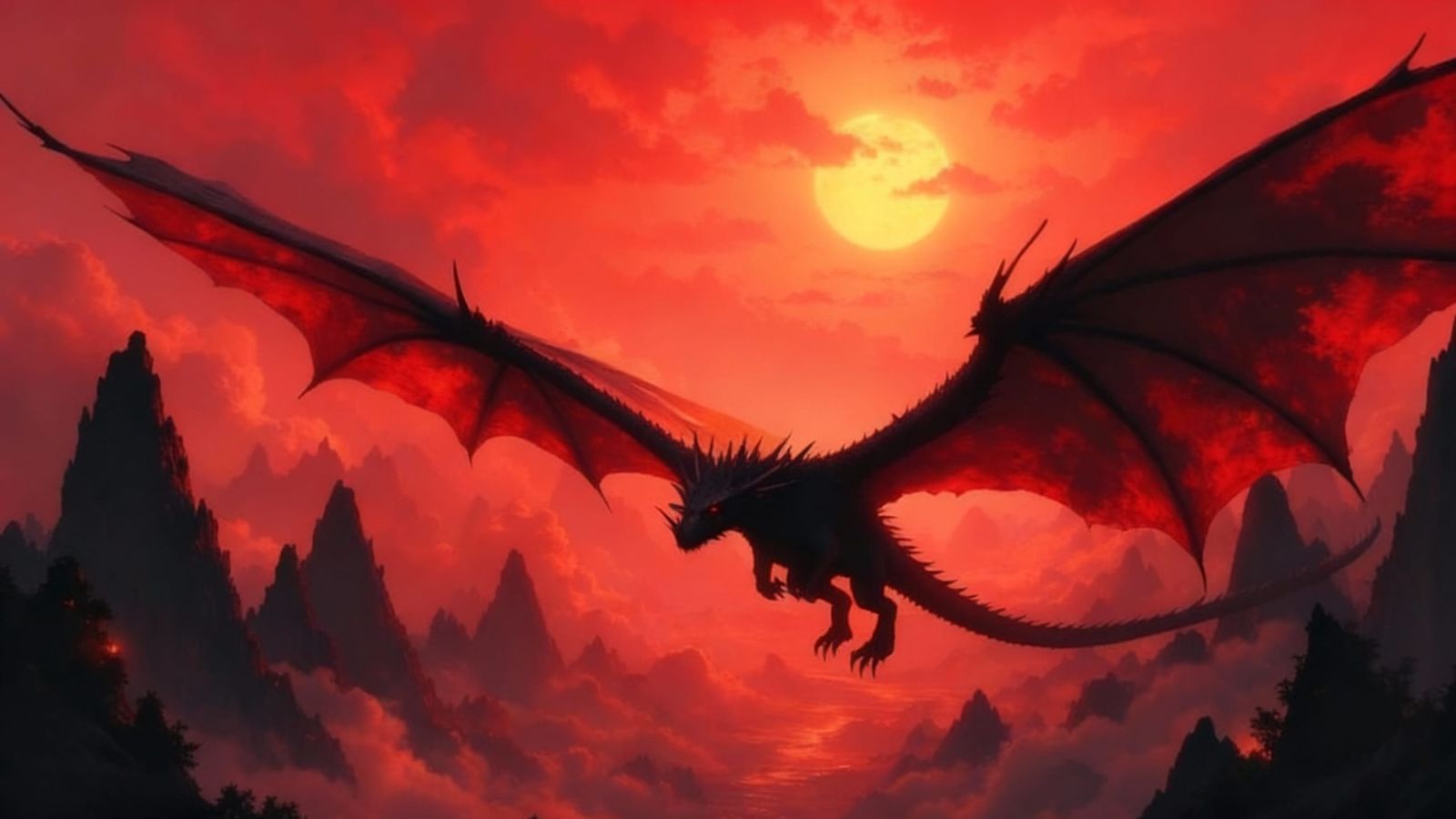 Majestic Dragon Soars Towards Viewer at Sunset